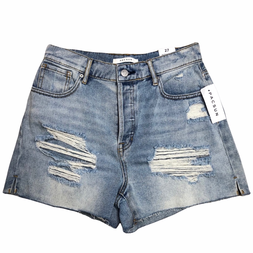 NWT Pacsun Distressed Blue Medium Wash High Rise Icon Denim Jean Shorts - Picture 2 of 7